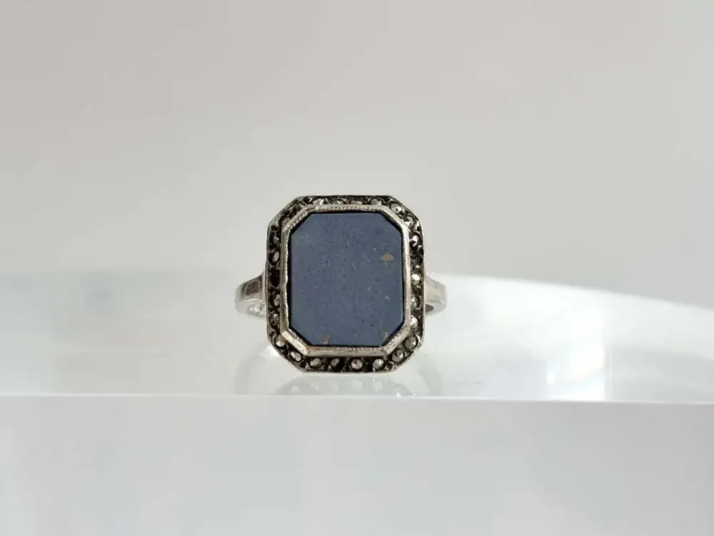 Lapis Lazuli Blue Octagon Shaped Marcasite Framed Gemstone Bezel Set Sterling Si